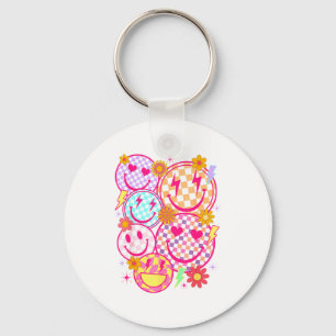 Retro Happy Face Checkered Pattern Smile Face Tren Key Ring