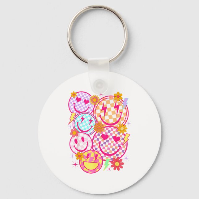 Retro Happy Face Checkered Pattern Smile Face Tren Key Ring (Front)