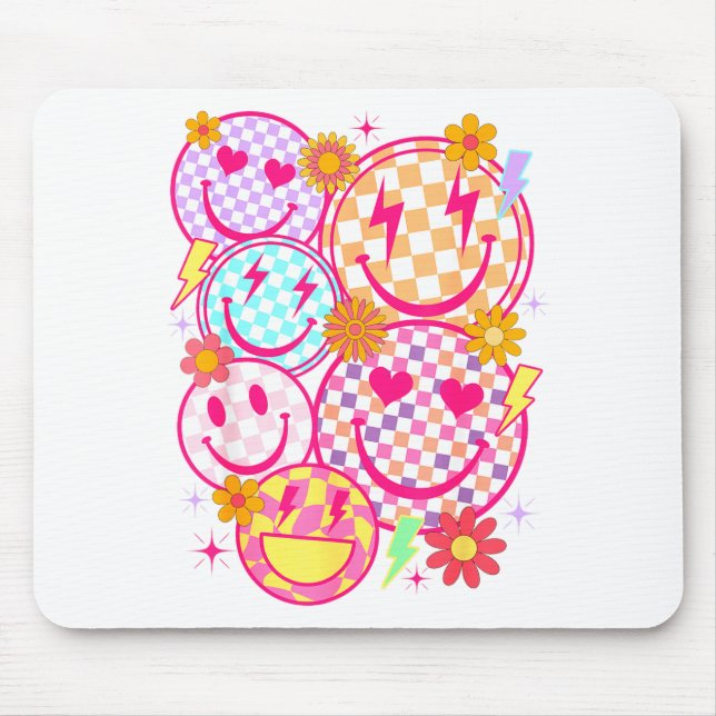 Retro Happy Face Checkered Pattern Smile Face Tren Mouse Pad (Front)