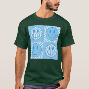 Retro Happy Face Chequered Blue Smile Face Trendy T-Shirt