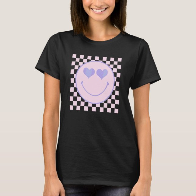 Retro Happy Face  Chequered Pattern Happy Face Tre T-Shirt (Front)