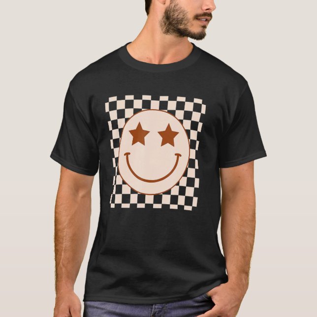 Retro Happy Face  Chequered Pattern Preppy Aesthet T-Shirt (Front)