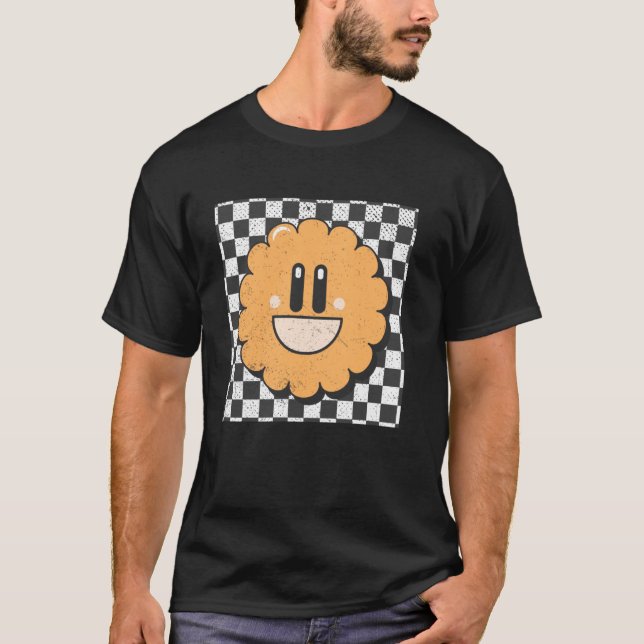 Retro Happy Face Chequered Pattern Smile Face T-Shirt (Front)