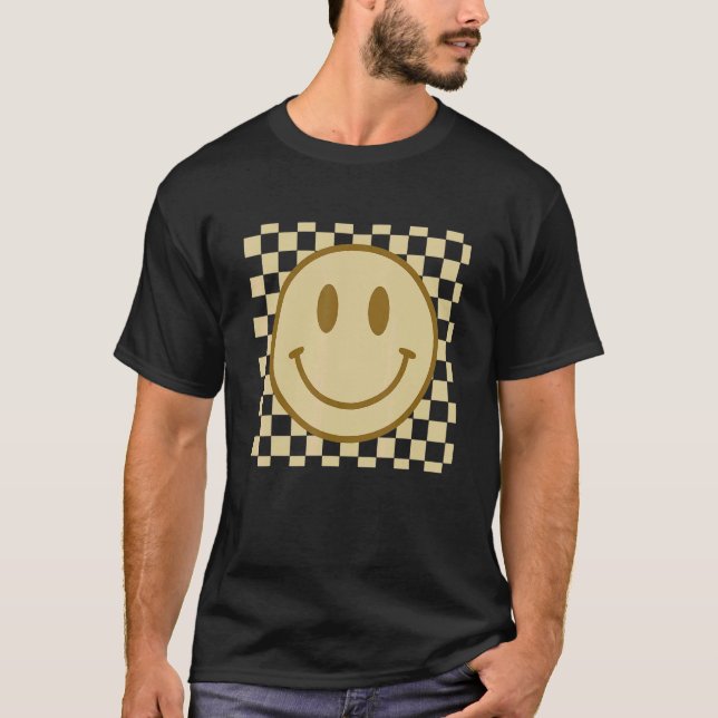 Retro Happy Face  Chequered Pattern Smile Face Tre T-Shirt (Front)