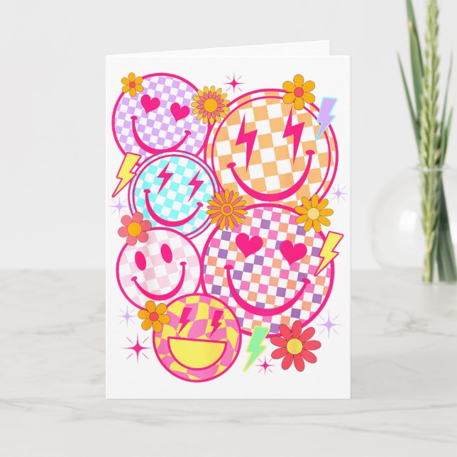Retro Happy Face Chequered Pattern Smile Face Tren Card (Front)