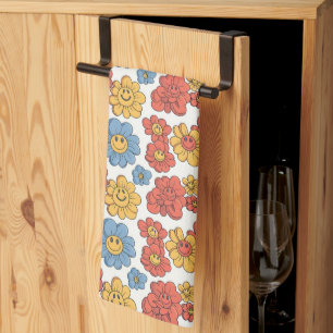 Retro Happy Face Florals  Tea Towel