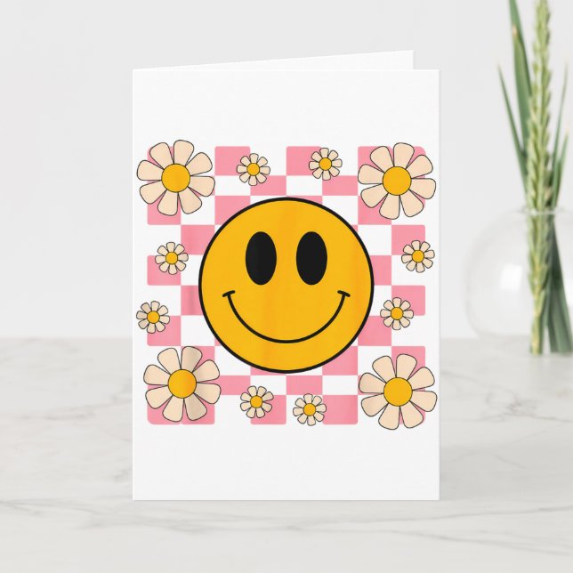 Retro Happy Face Shirt Chequered Pattern Smile Fac Card (Front)