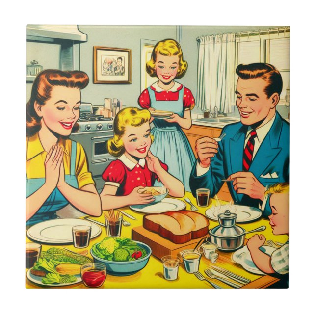 Retro Happy Family Comics Ceramic Tile (Front)