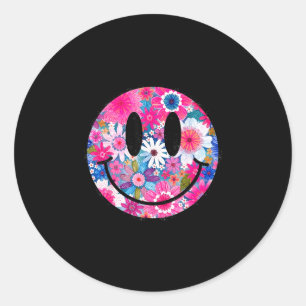 Retro happy flowers smile face groovy boho design classic round sticker