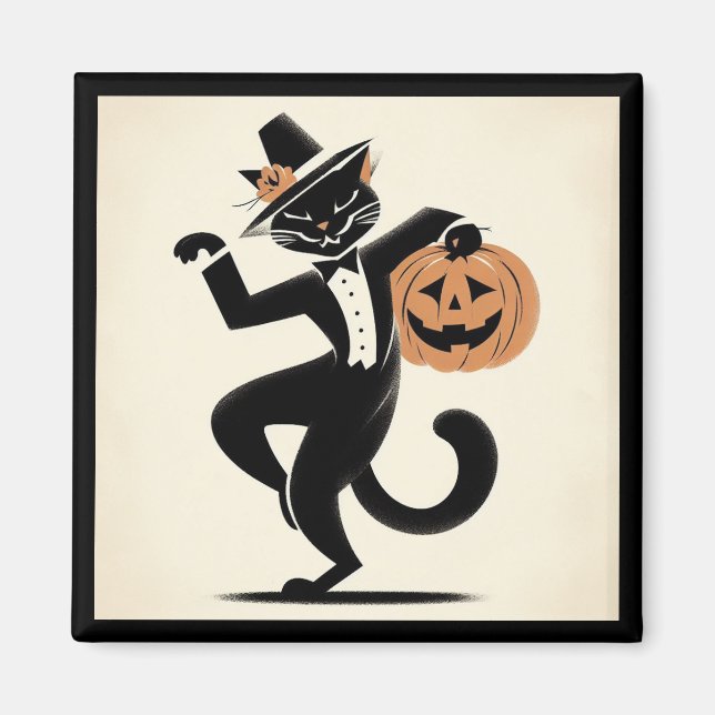Retro Happy Halloween Dancing Black Cat Magnet (Front)