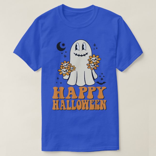 Retro Happy Halloween Floral Ghost Boo Spooky Seas T-Shirt (Design Front)