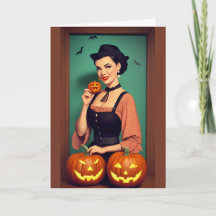 Retro Happy Halloween Lady with Pumpkins