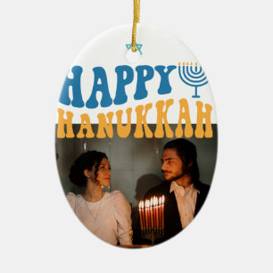 Retro Happy Hanukkah Personalised Photo Ceramic Ornament