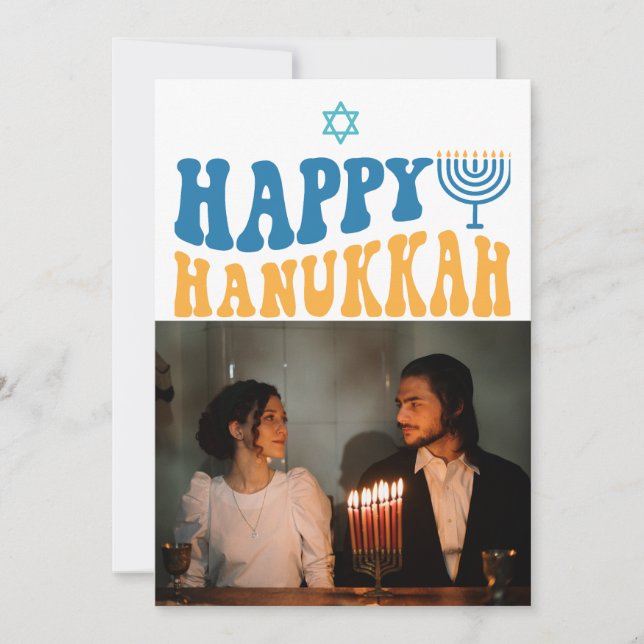 Retro Happy Hanukkah Personalised Photo Holiday Card (Front)