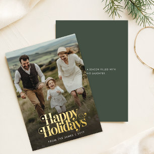 Retro Happy Holidays Christmas Photo Vertical Gold Foil Holiday Card