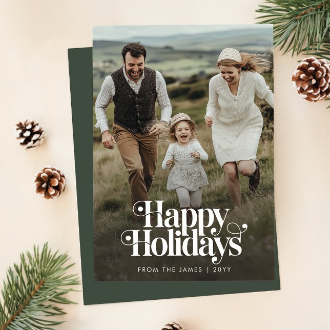 Retro Happy Holidays Christmas Photo Vertical Holiday Card (Creator Uploaded)
