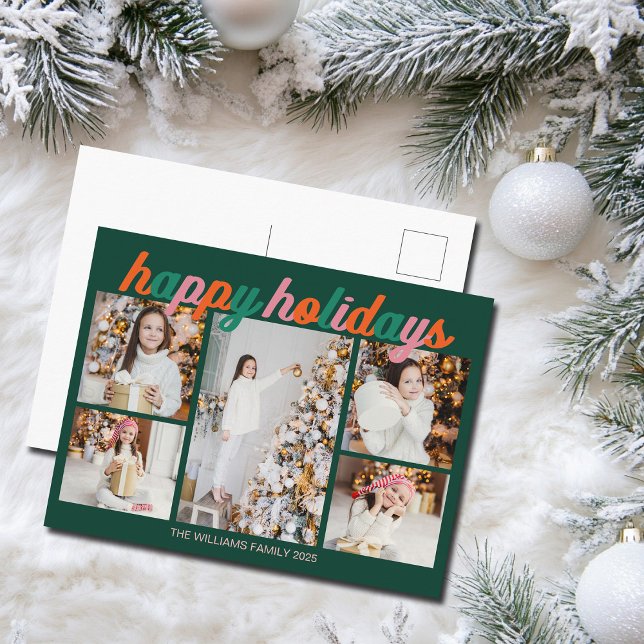 Retro Happy Holidays Cute Green Photo Collage Holiday Postcard (Creator Uploaded)