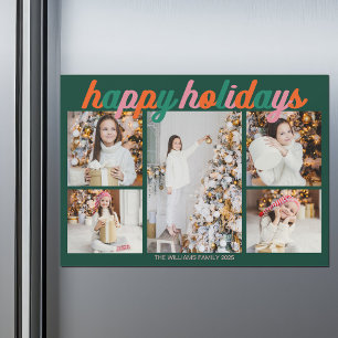 Retro Happy Holidays Cute Green Photo Magnet Card