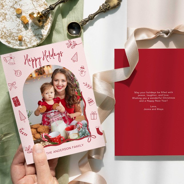 Retro Happy Holidays Photo Hand Drawn Holiday Card (Creator Uploaded)