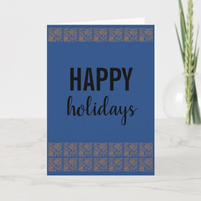 Retro Happy Holidays Pine Cone Blue Blank Holiday Card (Front)