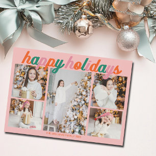 Retro Happy Holidays Pink Photo Collage Holiday Card