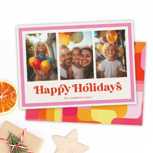 Retro Happy Holidays Pink Rainbow Frame 3 Photo Holiday Card