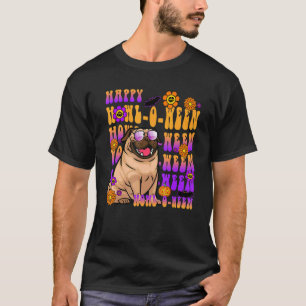 Retro Happy Howl o ween Pug Dog Flower Groovy T-Shirt