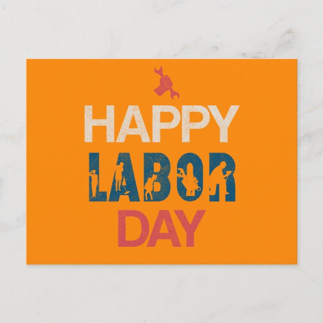 Retro Happy Labour Day In Retro Blue Holiday Postcard (Front)