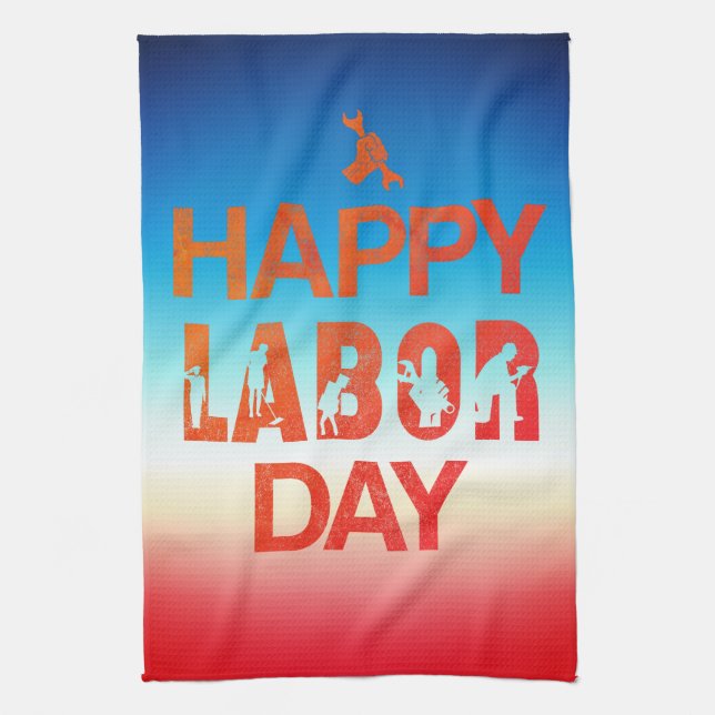 Retro Happy Labour Day In Retro Red Tea Towel (Vertical)
