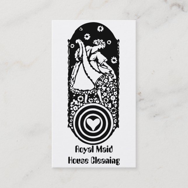 Retro Happy Lady Maid B&W Cleaning Services Business Card (Front)