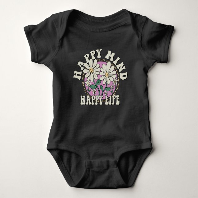 Retro Happy Mind Happy Life Baby Bodysuit (Front)
