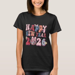 Retro Happy New Year 2026 Coquette Bow Disco Ball T-Shirt