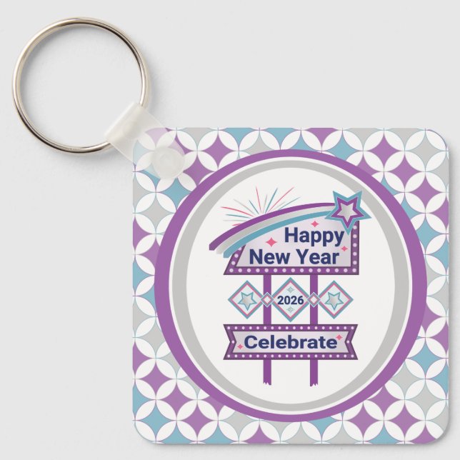 Retro Happy New Year Sign – Celebrate Marquee Key Ring (Front)