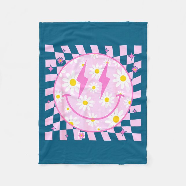 Retro Happy Smile Face Checkered Pattern Nk Daisy  Fleece Blanket (Front)