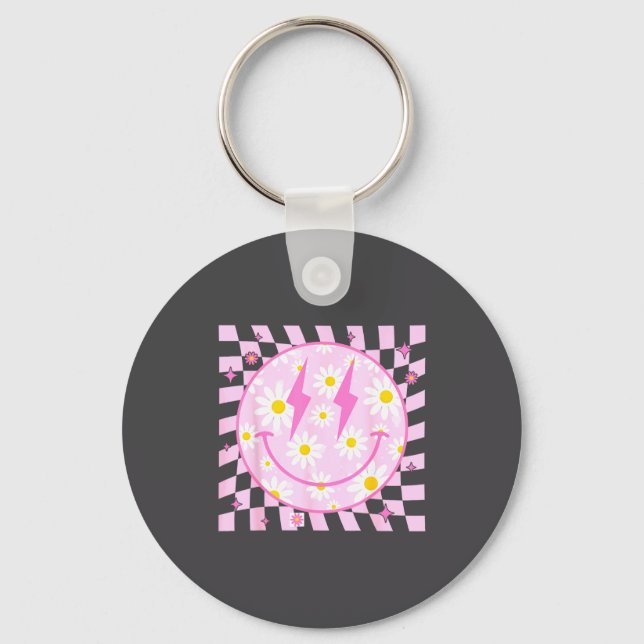 Retro Happy Smile Face Checkered Pattern Nk Daisy  Key Ring (Front)