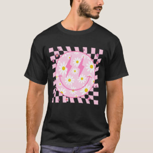 Retro Happy Smile Face Checkered Pattern Pink Dais T-Shirt