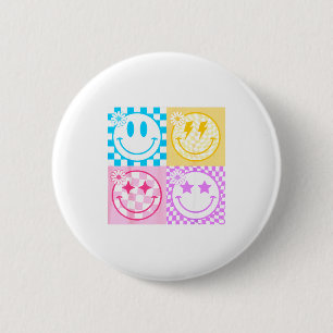 Retro Happy Smile Face Checkered Pattern Vibes Tre 6 Cm Round Badge