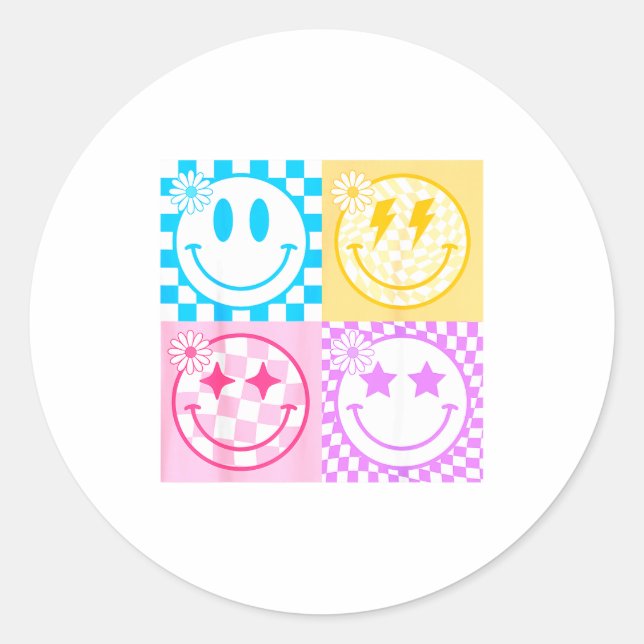 Retro Happy Smile Face Checkered Pattern Vibes Tre Classic Round Sticker (Front)