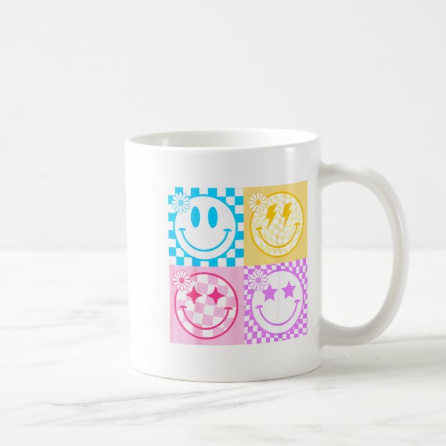 Retro Happy Smile Face Checkered Pattern Vibes Tre Coffee Mug (Right)
