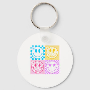 Retro Happy Smile Face Checkered Pattern Vibes Tre Key Ring