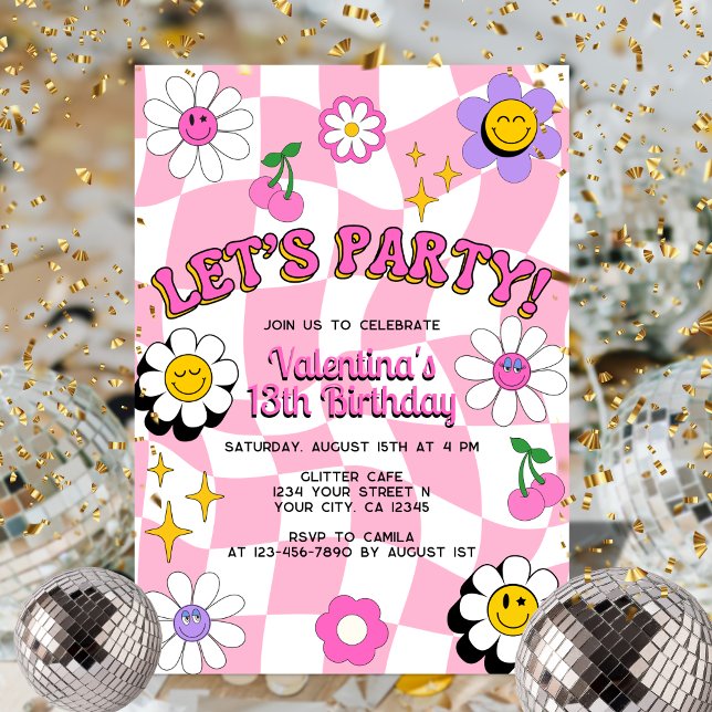 Retro Happy Smile Face Pink Chequered Fun Birthday Invitation (Creator Uploaded)