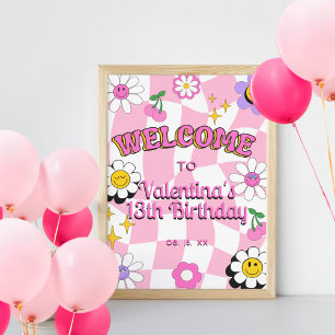 Retro Happy Smile Face Pink Chequered Welcome Poster