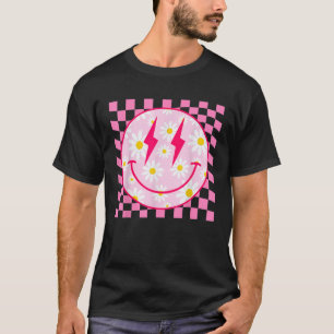 Retro Happy Smile Face Pink Daisy Flower Chequered T-Shirt