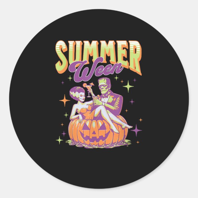 Retro Happy Summerween Funny Frankenstein Monster  Classic Round Sticker (Front)