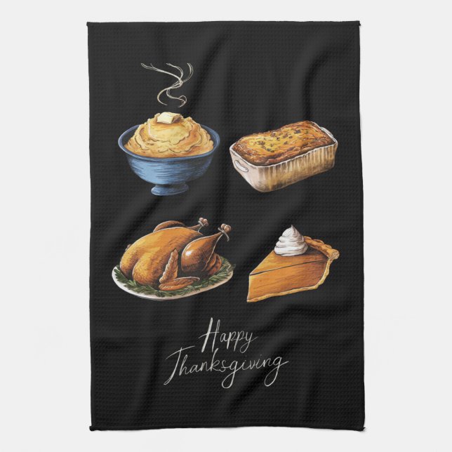 Retro Happy Thanksgiving Fall Pumpkin Pie Tea Towel (Vertical)