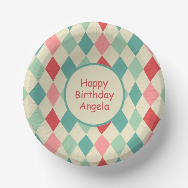 Retro Harlequin Geometric Pattern Custom Birthday Paper Plate (Front)