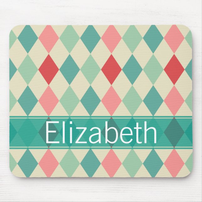 Retro Harlequin Geometric Pattern Monogram Mouse Pad (Front)