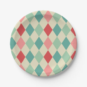 Retro Harlequin Geometric Pattern Paper Plate