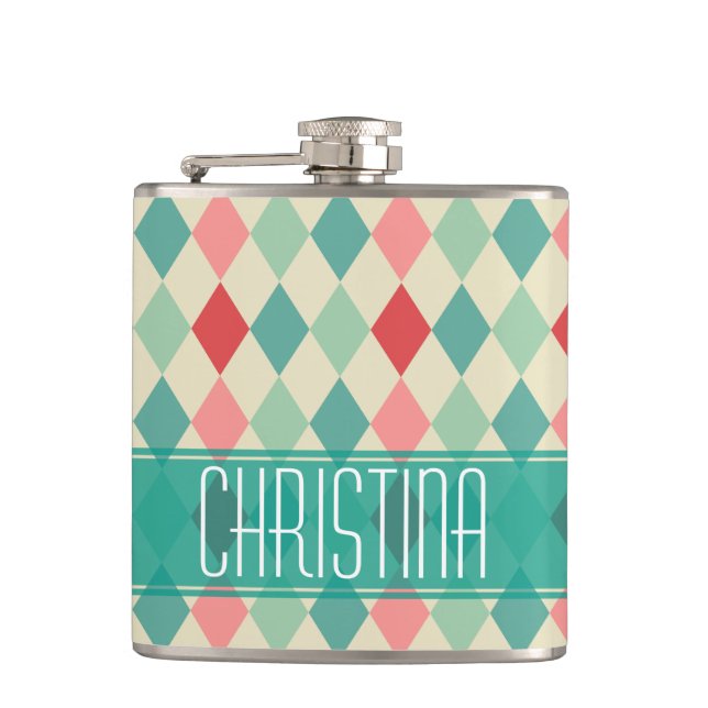 Retro Harlequin Geometric Pattern Personalised Hip Flask (Front)