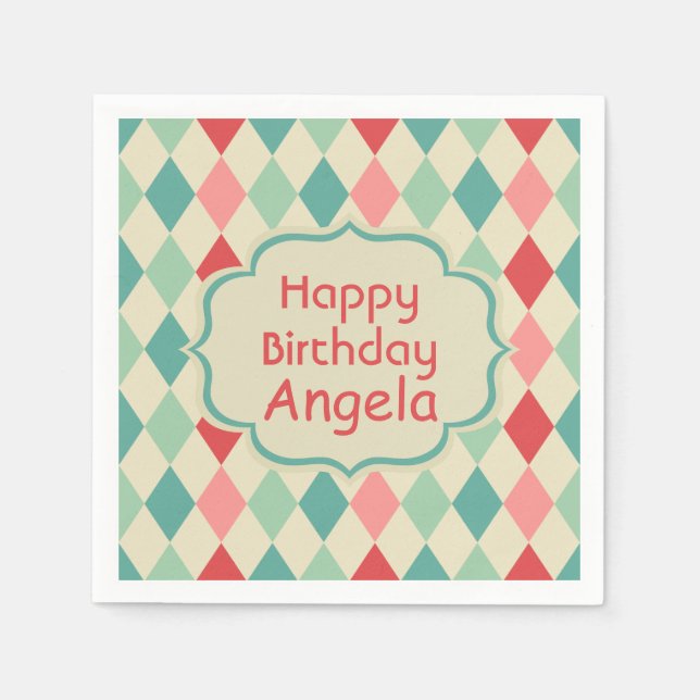 Retro Harlequin Geometric Pattern Personalised Napkin (Front)